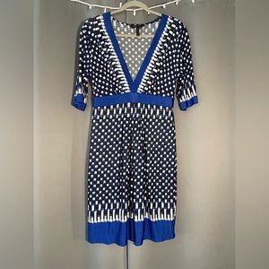 BCBGMaxAzria midi dress, size medium. Blue and white rectangular pattern.
